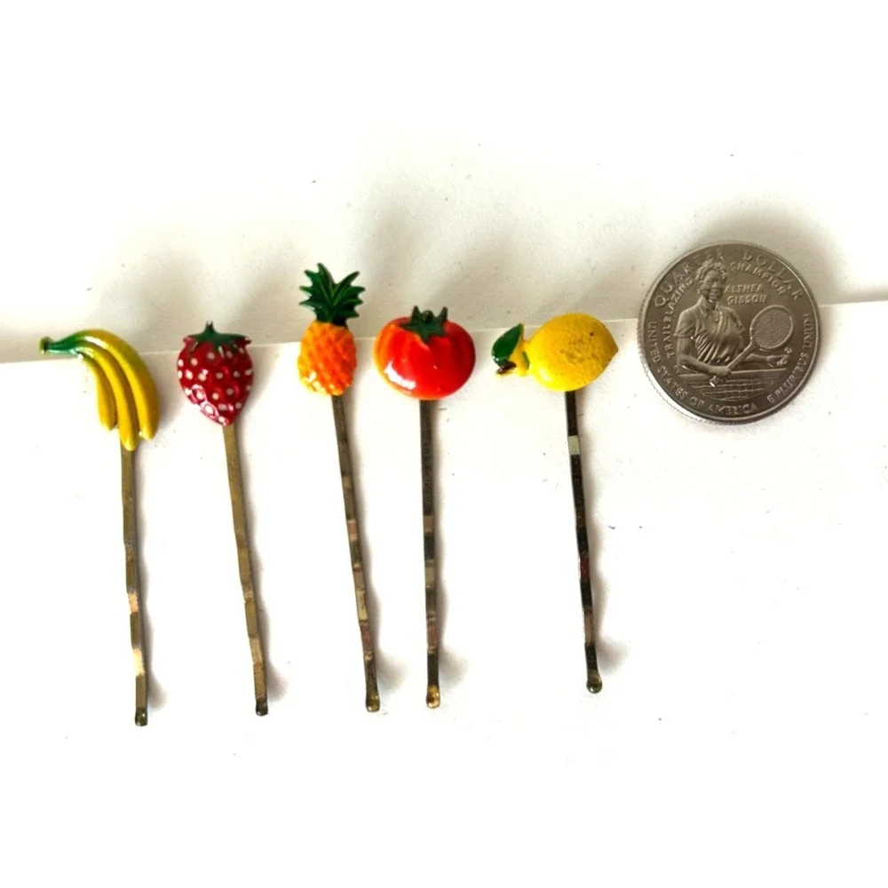 Vintage Enameled Fruit Bobby Pins Lot 5 Banana Strawberry Lemon Tomato Pineapple